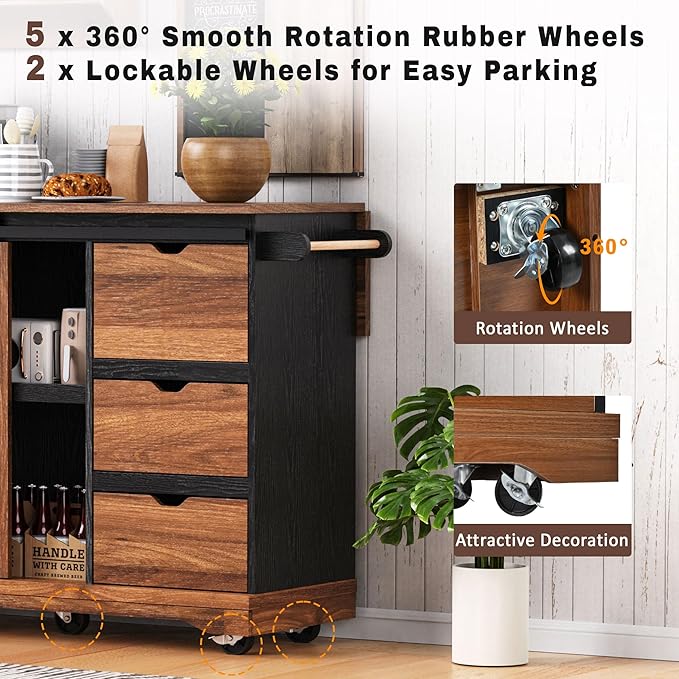 RUNNA Farmhouse Kitchen Island with Drop Leaf, Kitchen Storage Island with Barn Door, Power Outlet,Rolling Kitchen Cart on Wheels with Spice Rack, for Home, Kitchen,Dining Room (Black_29)