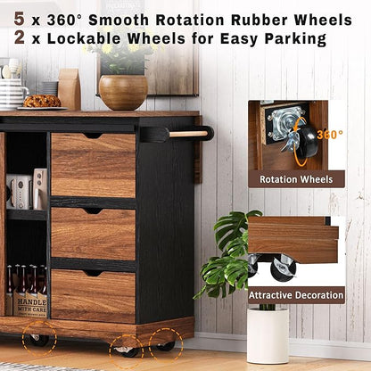 RUNNA Farmhouse Kitchen Island with Drop Leaf, Kitchen Storage Island with Barn Door, Power Outlet,Rolling Kitchen Cart on Wheels with Spice Rack, for Home, Kitchen,Dining Room (Black_29)