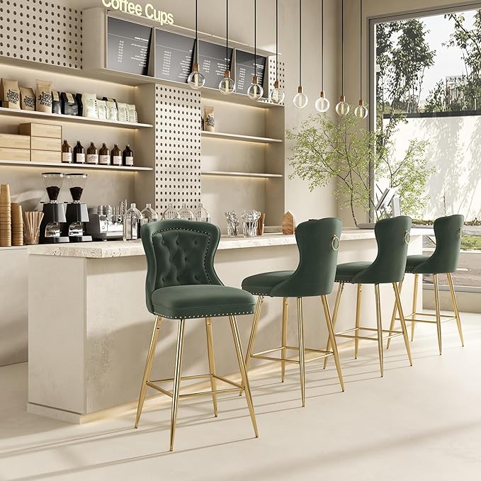 Bar Stools Set of 2, Velvet Counter Height Bar Stools with Metal Legs, Button Tufted and Nailheads Trim, Wing Back Bar Chairs for Kitchen Island Dining Room Pub, Green NP931