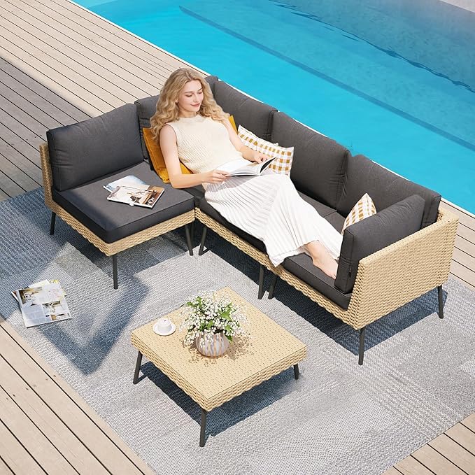 Aoxun 5-Piece Patio Furniture Set, Wicker Outdoor Furniture with Water Resistant Thick Cushions, Patio Conversation Set Outdoor Sectional Sofa with Coffee Table for Backyard Poolside, Black