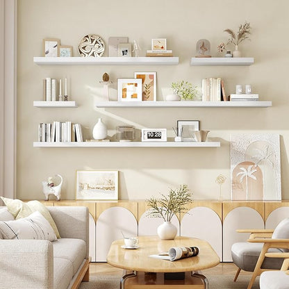 Fun Memories 55 Inch Floating Shelves for Wall, Fireplace Mantel Shelf with Invisible Heavy Duty Bracket, 8 Inch Deep Storage Shelf for Living Room, Kitchen, Farmhouse, White