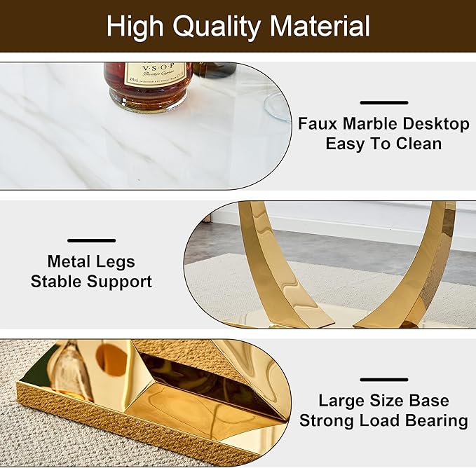 AZmac 63'' White Dining Table, Faux Marble Dining Room Table for 4-6, Tempered Glass Dinner Table with Gold U Shaped Legs for Kitchen Dining Room