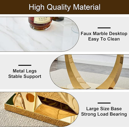AZmac 63'' White Dining Table, Faux Marble Dining Room Table for 4-6, Tempered Glass Dinner Table with Gold U Shaped Legs for Kitchen Dining Room