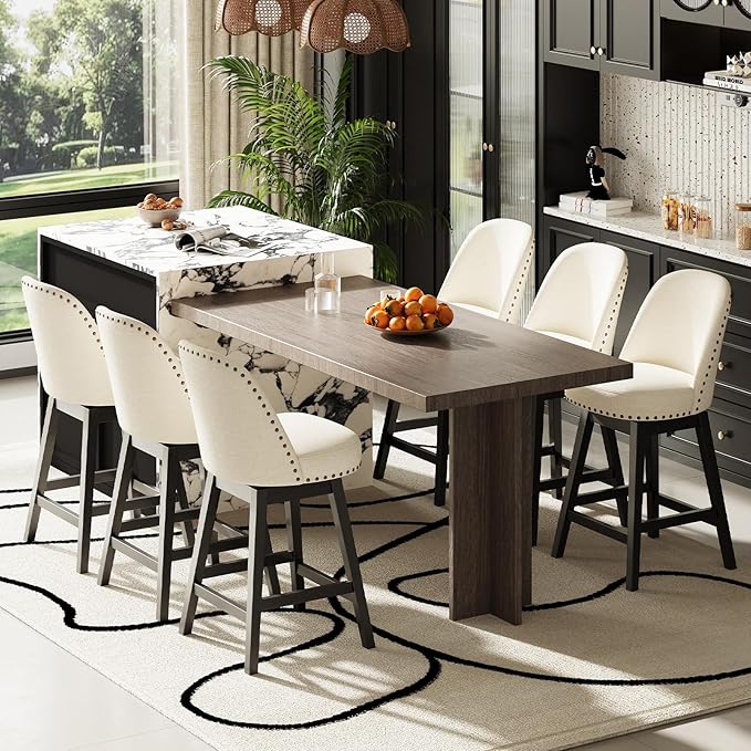 MALOL Swivel Bar Stools Set of 2, Upholstered Fabric Mid Century Mondern Barstools, 26 inch Counter Height Bar Chairs with Solid Back and Wood Legs, for Kitchen Island，Beige