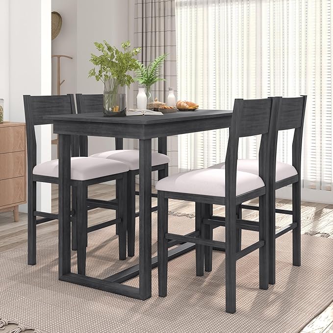 VilroCaz Farmhouse Counter Height Dining Table Set for 4, Wooden 5-Piece Kitchen Dining Room Pub Bar Table Set, 47'' Rectangular Dining Table and 4 Upholstered Stools for Small Places (Gray-H)