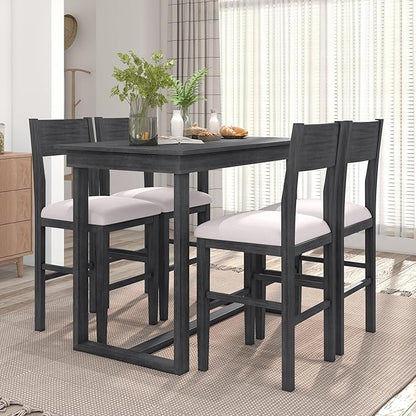 VilroCaz Farmhouse Counter Height Dining Table Set for 4, Wooden 5-Piece Kitchen Dining Room Pub Bar Table Set, 47'' Rectangular Dining Table and 4 Upholstered Stools for Small Places (Gray-H)