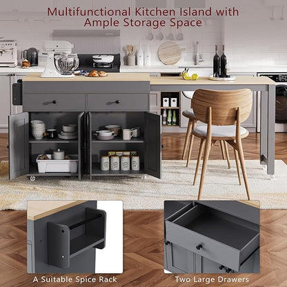 Modern Dining Table 74.5 Inch Kitchen Island with Extendable Table, Rolling Cart with 4 Door Cabinet, 2 Drawers, Spice Rack, Wood Counter for Living Room,Grey-MDF