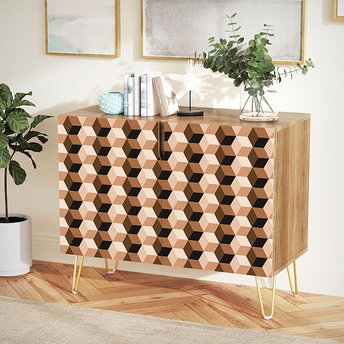 SIGNWIN Sideboard Buffet Cabinet, Kitchen Storage Cabinet with 2 Doors, Vibrant 3D Style Square Cube Patterns, Cupboard Console Table for Dining Room - 35" L x 18" W x 29" H