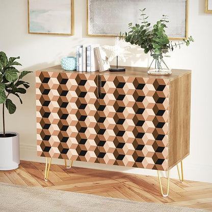 SIGNWIN Sideboard Buffet Cabinet, Kitchen Storage Cabinet with 2 Doors, Vibrant 3D Style Square Cube Patterns, Cupboard Console Table for Dining Room - 35" L x 18" W x 29" H