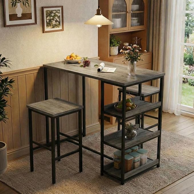 GarveeHome 3-Piece Kitchen Table Set with Storage Shelves & 2 Bar Stools - Iron and Wood Dining Table for Small Spaces, Apartments, Condos, Grey