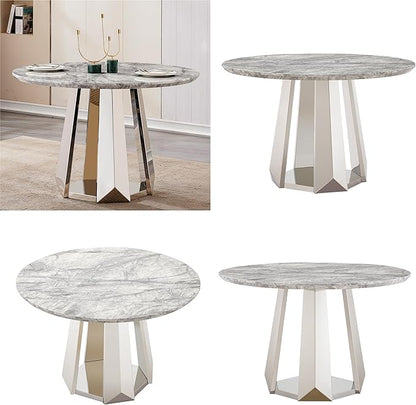 47" Round Marble Dining Table for 4-6, Luxury Modern Kitchen Table with Marble Grain MDF Tabletop & Silver Mirrored Stainless Steel Pedestal Base, Grey Stone Dinner Table for Dining Room (Table Only)