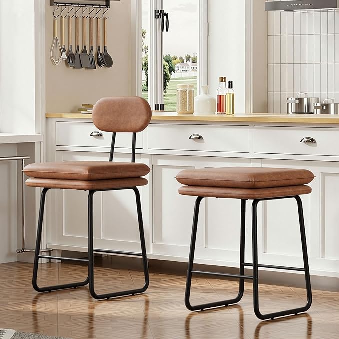 VECELO Bar Stools Set of 4, Counter Height Barstools with Removable Backrest, Padded Seat and Metal Legs, PU Leather Upholstered Bar Chairs for Kitchen, Island, Brown