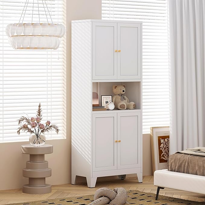 69" H Kitchen Hutch Cabinet with Storage,White Metal Storage Cabinet,Microwave Cabinet,Kitchen Pantry Cabinet with Countertop