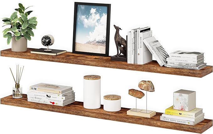 Ballucci Floating Shelves for Wall, 60" Wood Wall Shelf Set of 2, with Invisible Brackets for Bathroom, Living Room, Bedroom, Kitchen, Nursery, 8" Deep, Rustic Brown