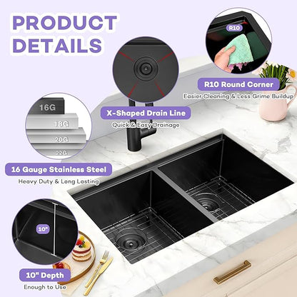 LQS 32 Inch Black Kitchen Sink, Undermount Kitchen Sink Black with Abundant Workstation Accessories, 10” Deep Enough and 50/50 Double Kitchen Sink for Food Prep and Dish Rinsing