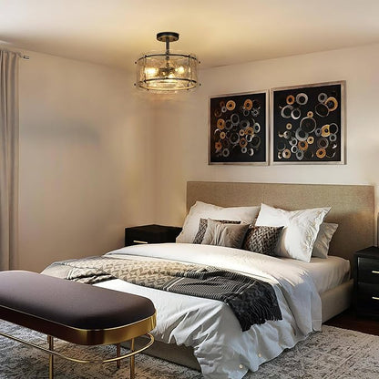 KSANA Semi Flush Mount Ceiling Light, 3 Light Rust Close to Ceiling Lights with Textured Glass Farmhouse Ceiling Light Fixtures for Foyer Entryway Bedroom Kitchen