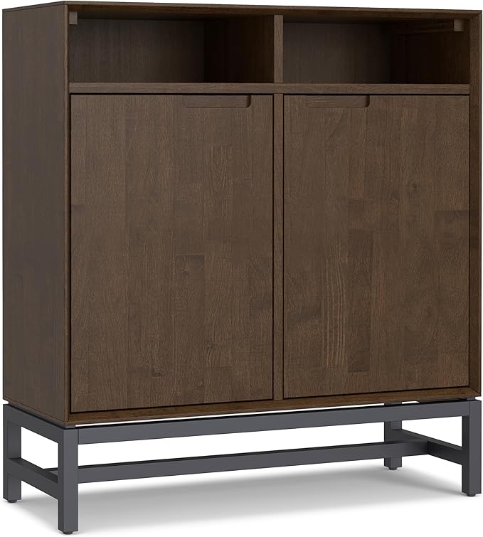 SIMPLIHOME Banting SOLID HARDWOOD 36 inch Wide Modern Industrial Entryway Storage Cabinet in Walnut Brown for the Living Room, Entryway and Family Room