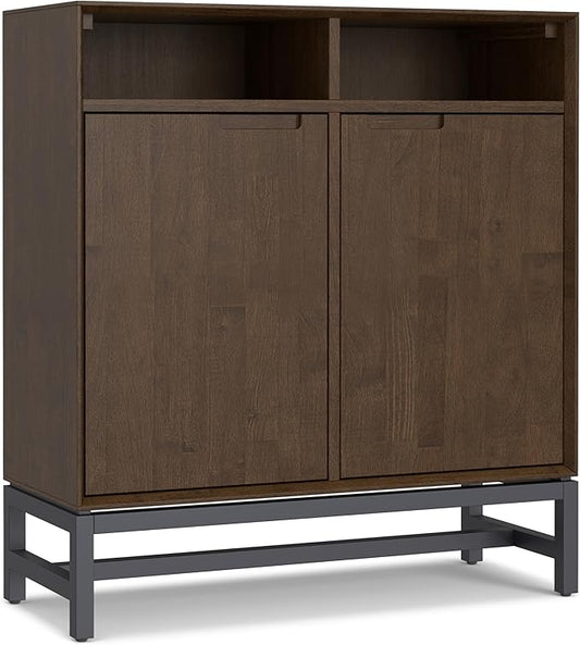 SIMPLIHOME Banting SOLID HARDWOOD 36 inch Wide Modern Industrial Entryway Storage Cabinet in Walnut Brown for the Living Room, Entryway and Family Room