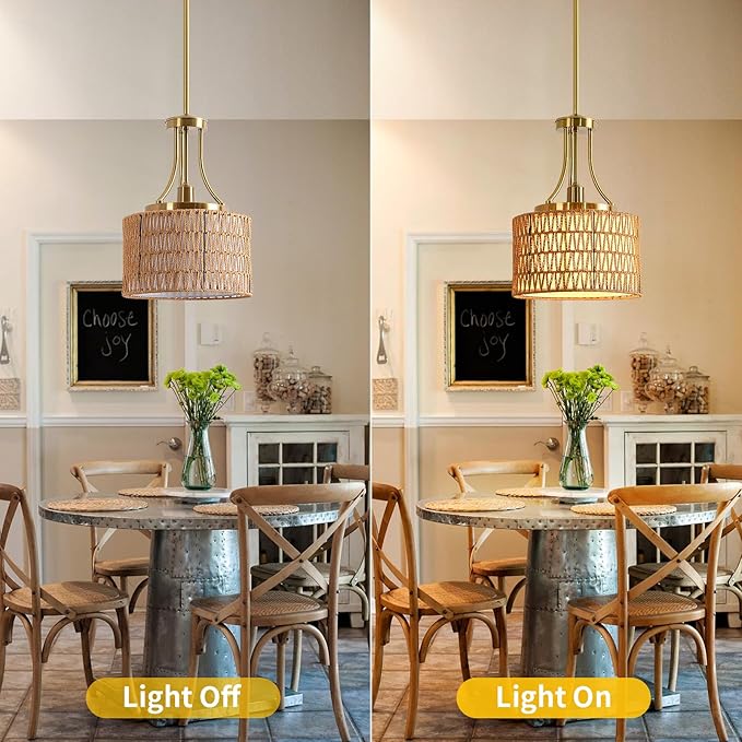 11.8" Modern Boho Rattan Gold Pendant Light Adjustable Rod Vintage Farmhouse Drum Fabric Pendant Light Fixture Woven Bamboo Wicker Pendant Lights for Kitchen Island, Dining Room, Bedroom