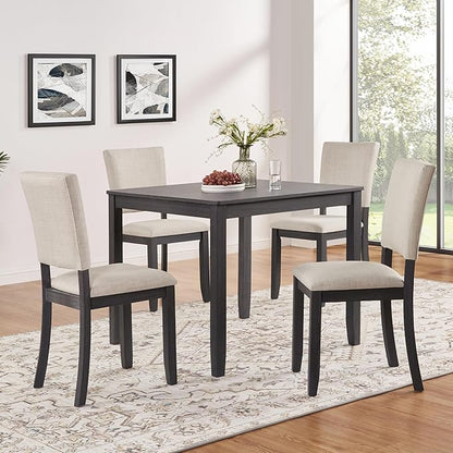 5-Piece Modern Wooden Dining Table Set for 4, Dining Table Set for 4 People with Upholstered Chairs, Square Kitchen Table and Chairs Set for Dining Room and Kitchen, Antique Black + Beige