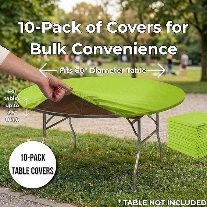 Kwik-Covers 10 Pack of Round Plastic Table Covers - 60" or 72" Round - Indoor or Outdoor Fitted Covers (Tables NOT Included) (Lime Green, 60" Round)