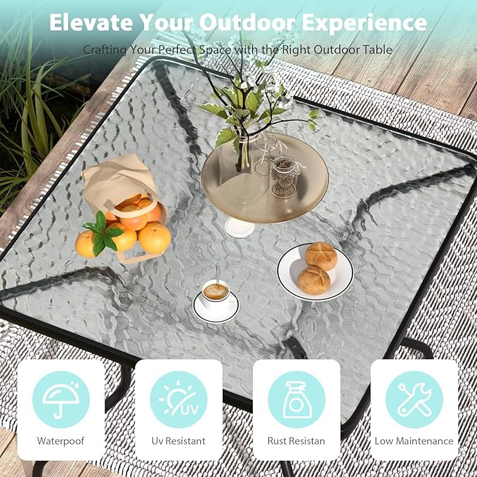 MKDLUFEI Square Outdoor Table, Patio Table with Umbrella Hole Tempered Glass Metal Table Outdoor Dining Table Garden for Deck, Yard, Balcony, Pool (Square)