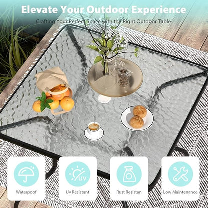 MKDLUFEI Square Outdoor Table, Patio Table with Umbrella Hole Tempered Glass Metal Table Outdoor Dining Table Garden for Deck, Yard, Balcony, Pool (Square)