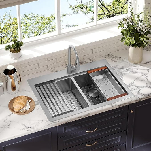 MILOSEN 36 Inch Double Bowl Kitchen Sink, 36''x22'' Drop in 16 Gauge T304 Stainless Steel Sinks, Workstation Sink 50/50 Topmount Double Basin with Accessories, 10'' Deep and Large Handmade Sinks