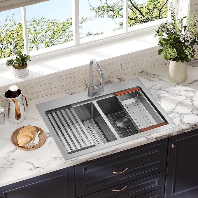 MILOSEN 31 Inch Double Bowl Kitchen Sink, 31''x22'' Drop in 16 Gauge T304 Stainless Steel Sinks, Workstation Sink 50/50 Topmount Double Basin with Accessories,10'' Large and Deep Handmade Sinks