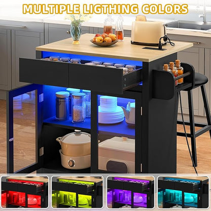 DWVO Kitchen Island with Drop Leaf, Mobile Kitchen Storage Islands with Power Outlet & LED Lights, 37.5" Rolling Dinning Table with Seating, 2 Soft Cushion Bar Stools, Towel & Spice Rack, Qak Black