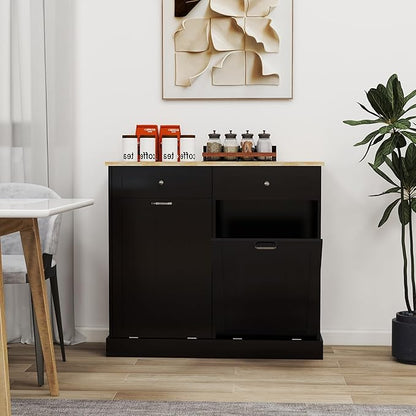 Ball & Cast Double Tilt Out Trash Cabinet with 2 Drawers Multifunctional 10 Gallons Hidden Garbage Can for Kitchen, Bathroom, Laundry and Living Room,Standing Laundry Sorter,Black