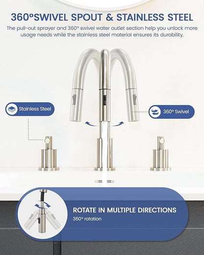 Bathroom Faucet 3 Hole - 8 Inch Widespread Bathroom Faucet with Sprayer, Brushed Nickel Sink Faucet Bathroom 2 Handles - Pull Down Vanity Faucets with Pop Up Drain and Supply Lines