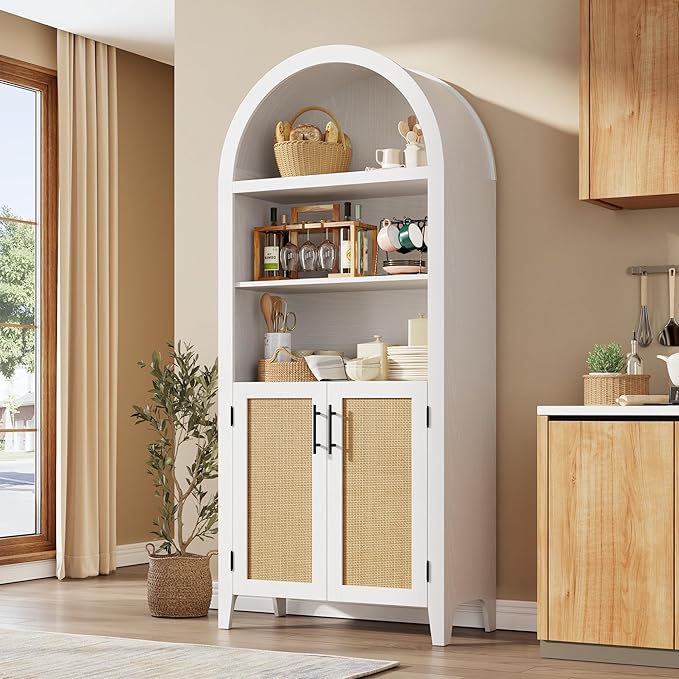 IDEALHOUSE Arched Kitchen Pantry Cabinet with Doors - 5-Tier Open Display Shelf with Rattan Decor, Farmhouse Storage Cabinet for Kitchen, Dining Room, Living Room, White