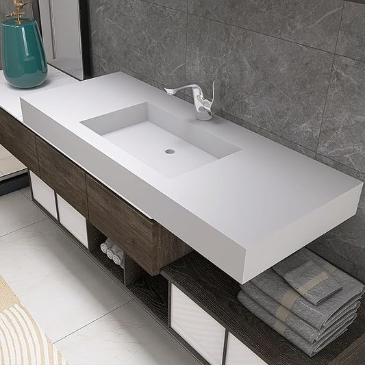 47" Wall Mount Sink Matte Bathroom Vanity Vessel Sinks Artificial Stone Rectanglee Indoor Outdoors Modern Floating or Countertop Freestanding Wall Hang Sink Bowl… (single Holes 47'')…