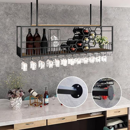 39.3in Ceiling Wine Glass Rack， Large Capacity Hanging Wine Rack， Honeycomb Hanging Wine Racks for Wine Bottles， Wine Storage Display Rack for Home Bar Dining Room Kitchen (Black ，39.3inch/100cm）