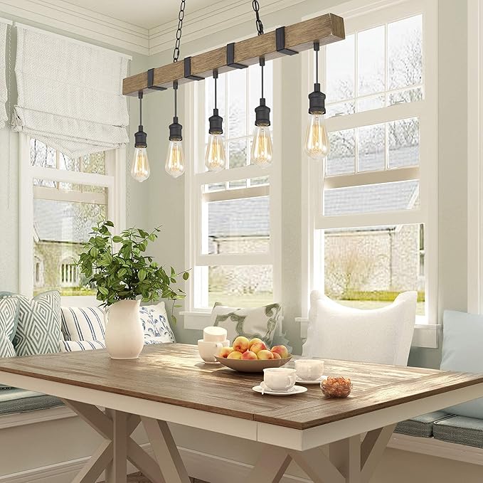 LOG BARN Kitchen Light Fixtures, Farmhouse Chandelier for Kitchen Island in Rustic Faux Wood with Black Wires, 5-Light Pendant Lighting for Dining Room