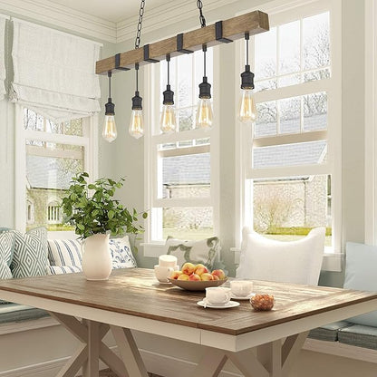 LOG BARN Kitchen Light Fixtures, Farmhouse Chandelier for Kitchen Island in Rustic Faux Wood with Black Wires, 5-Light Pendant Lighting for Dining Room