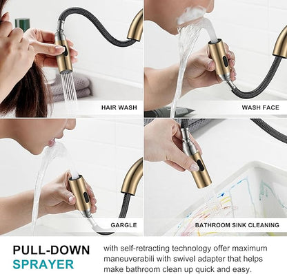 KENES Champagne Bronze Pull Down Bathroom Faucet, 4 Inch 2 Handle Centerset Bathroom Faucet 3 Hole with Pull Out Sprayer, Bathroom Vanity Faucet with Pop Up Drain & Supply Lines LJ-9069-CB