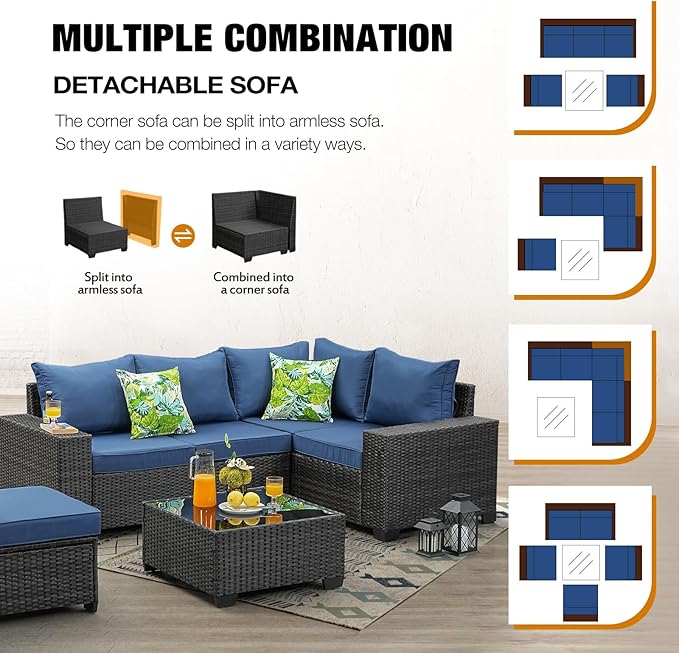 JOYURE 6 Pieces Patio Furniture Set All-Weather Outdoor Wicker Sectional Conversation Sofa Rattan Patio Seating Sofa with Cushion and Glass Table for Porch Poolside,Navy