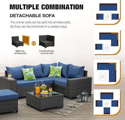 JOYURE 6 Pieces Patio Furniture Set All-Weather Outdoor Wicker Sectional Conversation Sofa Rattan Patio Seating Sofa with Cushion and Glass Table for Porch Poolside,Navy