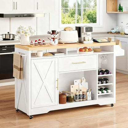 YITAHOME Large Kitchen Island with Power Outlet, Rolling Kitche Cart with Wine Rack, Mobile Storage Islands with Spice Rack Glass Holder, Island Table on Wheels for Living Room, 50 Inch Wide, White