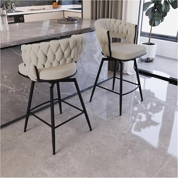 26" Linen Woven Bar Stool Set of 2,Black Legs Barstools No Adjustable Kitchen Island Chairs,360 Swivel and Counter Stool Arm Chairs with Back Footrest (White)