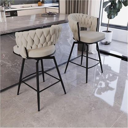 26" Linen Woven Bar Stool Set of 2,Black Legs Barstools No Adjustable Kitchen Island Chairs,360 Swivel and Counter Stool Arm Chairs with Back Footrest (White)