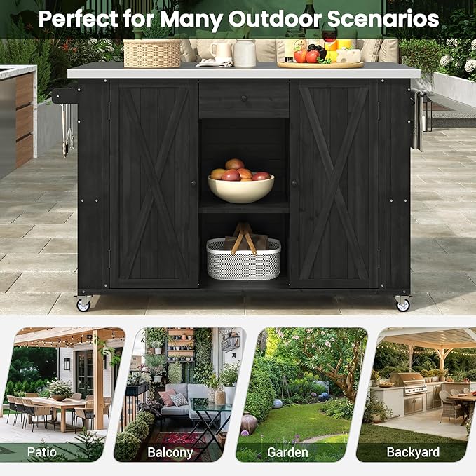 YOPTO Outdoor Kitchen Island Fir Wood Kitchen Island with Stainless Steel Top,Ample Storage Space,Towel and Spice Racks and a Bottle Opener for Outdoor,Black