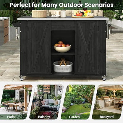 Flieks Outdoor Kitchen Island Fir Wood Kitchen Island with Stainless Steel Top, Ample Storage Space, Towel and Spice Racks and a Bottle Opener for Outdoor, Black