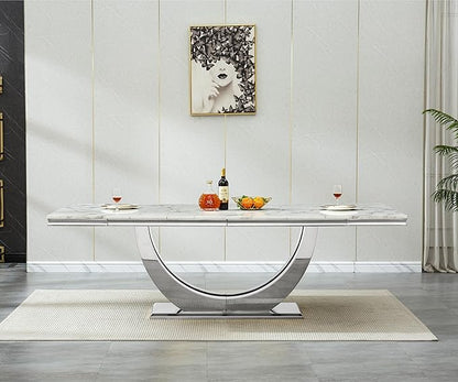 94 Inch White Marble Dining Table for 6-10 People, Modern Extra Long Rectangular Kitchen Table w/Faux Marble Top & Gorgeous Mirrored Stainless Steel Base, Large Rectangular Silver Dining Room Table