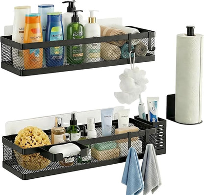 PUSDON 5-in-1 16.5" Extra Long Slim Wall Mount Wrapped Mesh Kitchen Organizer & Shower Caddy Kit, with Paper Towel Holder, Utensil Holder, Soap Dish, Holds 50LBS - Matte Black, Netting