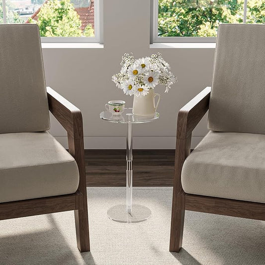 HMYHUM Acrylic Drink Table for Small Spaces, 11.8" L x 11.8" W x 21.3" H, Clear Pedestal Side Table for Living Room, Round, Easy Assembly