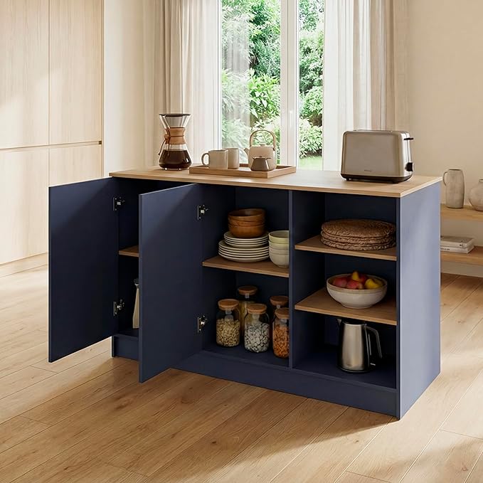 GOWE Ginger Kitchen Island with Spacious Dining Countertop, Three Open Storage Shelves, Dual Cabinet Doors with Interior Shelves and Functional Floorstanding