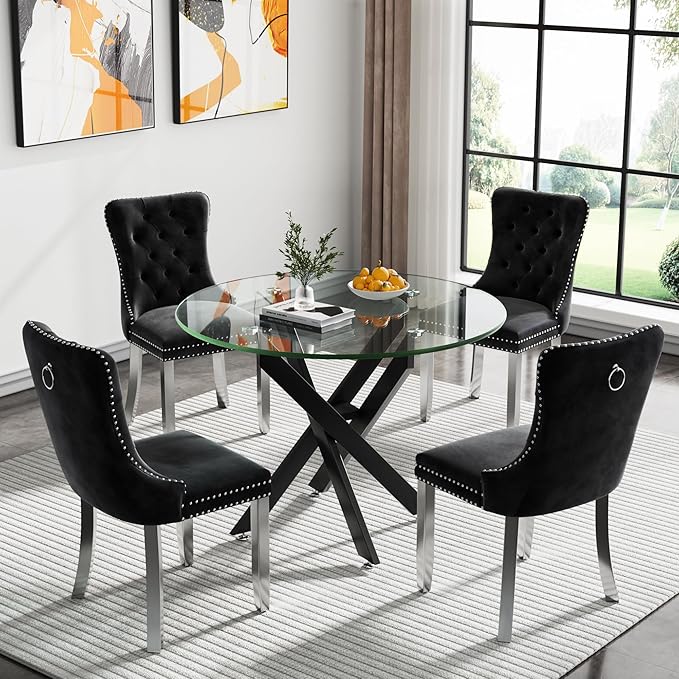 Round Glass Dining Table,Glass Dining Room Table with Metal Legs, Modern Kitchen Table for Home, Kitchen, Dining Room